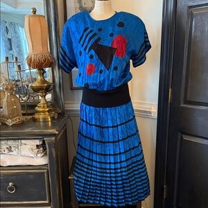 Adrianna Papell Electric Blue Midi Skirt with Graphic Red & Black Accents